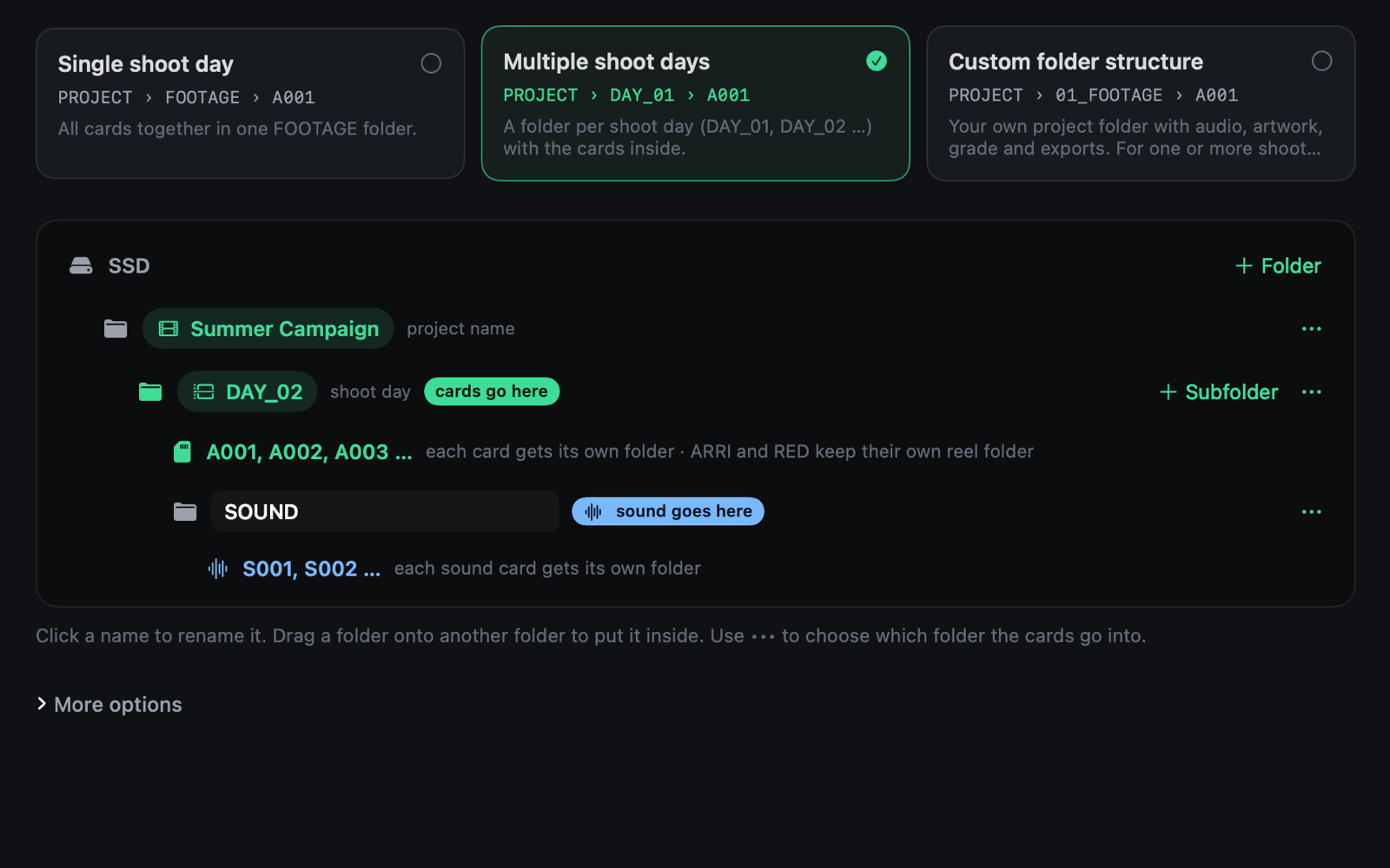 The folder structure editor with the Multiple shoot days template: Summer Campaign, DAY_02, the cards and SOUND