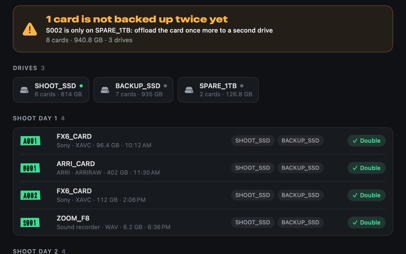Project overview of Summer Campaign: one card is only on SPARE_1TB, every other card is marked Double, with SHOOT_SSD, BACKUP_SSD and SPARE_1TB listed