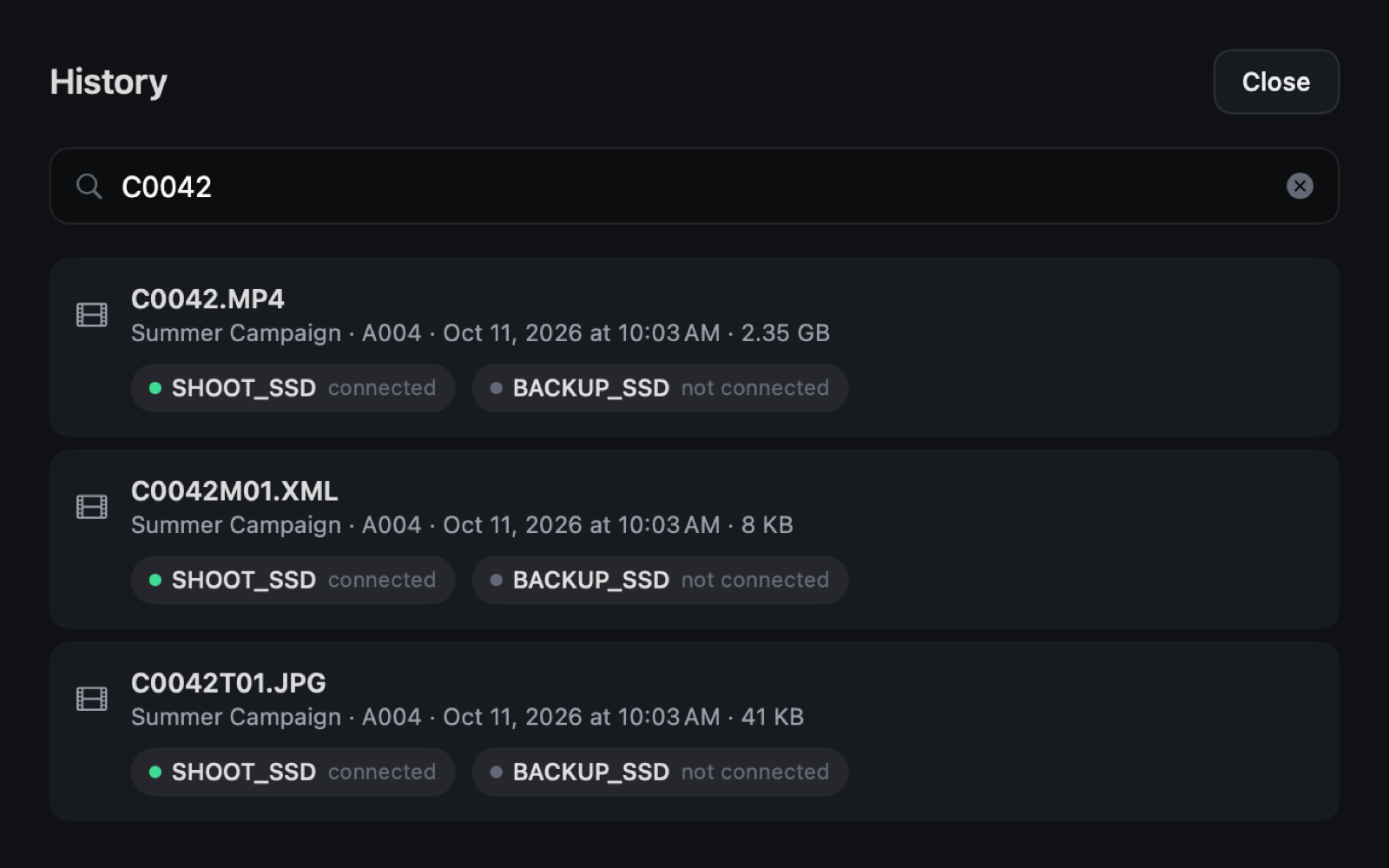 Searching for C0042: on SHOOT_SSD (connected) and BACKUP_SSD (not connected)