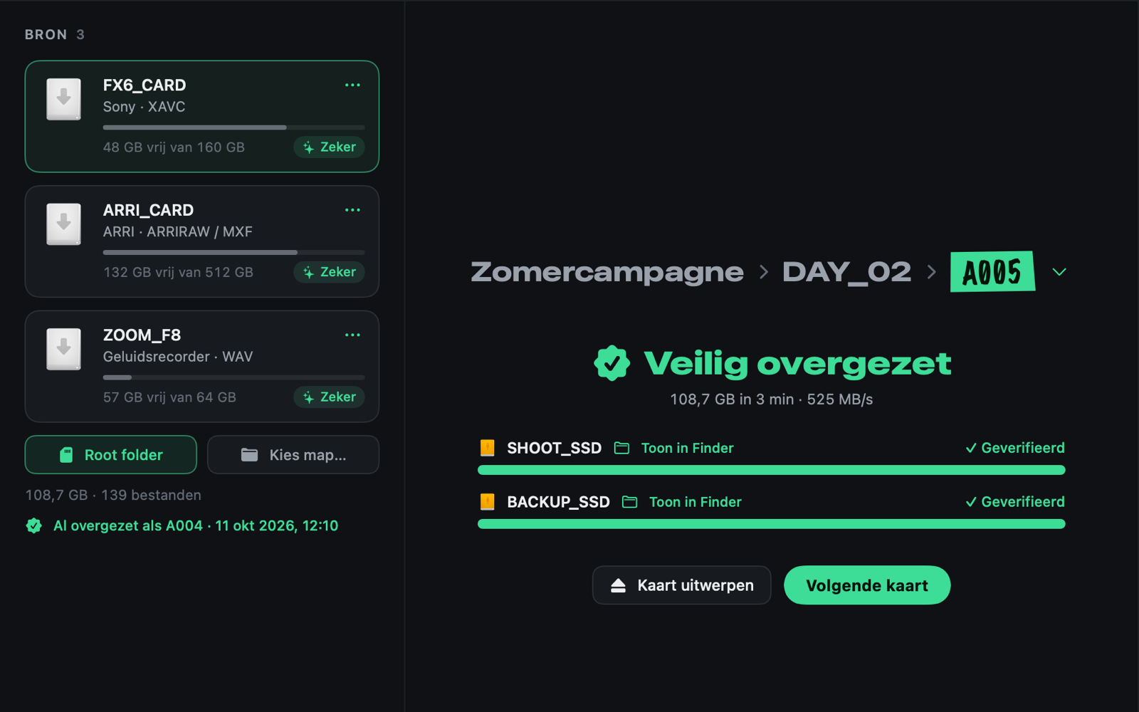FX6_CARD opnieuw gekozen: al overgezet als A004, met datum en tijd